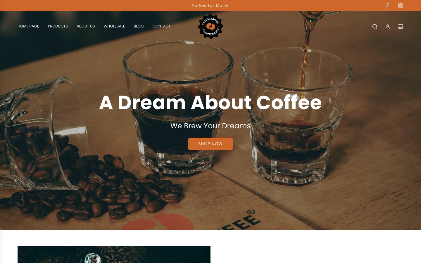 Screenshot of the Traum Kaffee store home page